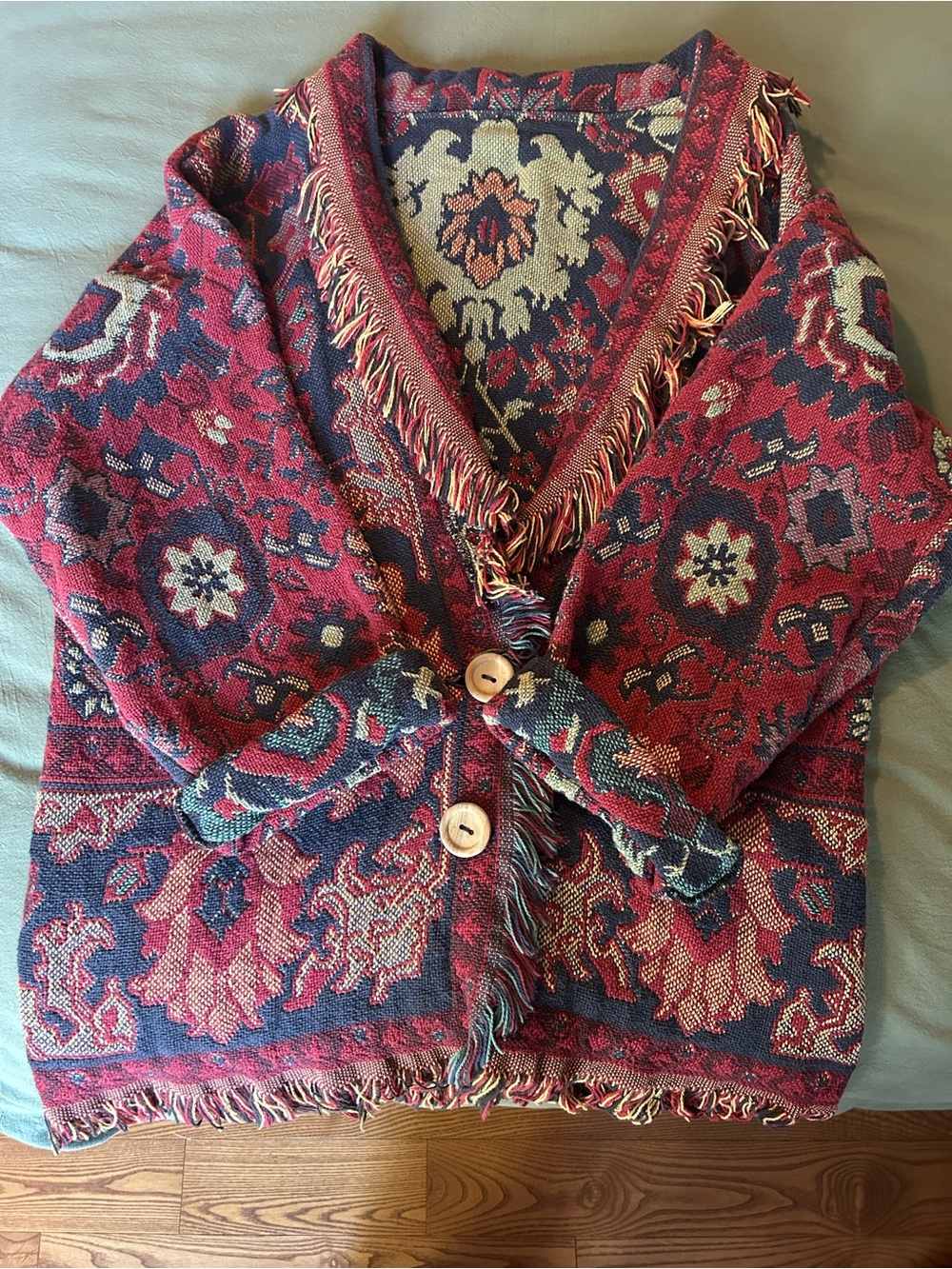 One of a Kind Handmade Women's Red & Navy Tapestry Fringed Cardigan Jacket - Picture 10 of 16